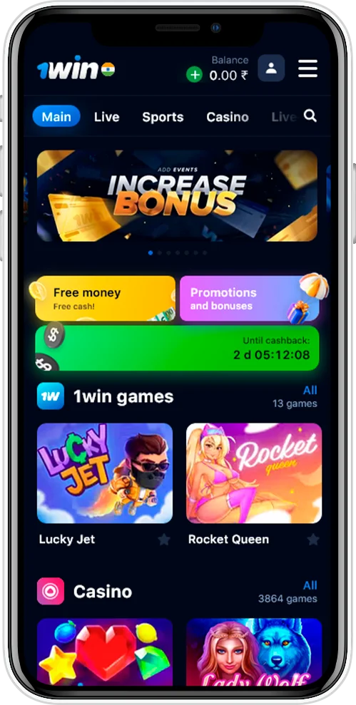 Screenshot of the 1Win app home page