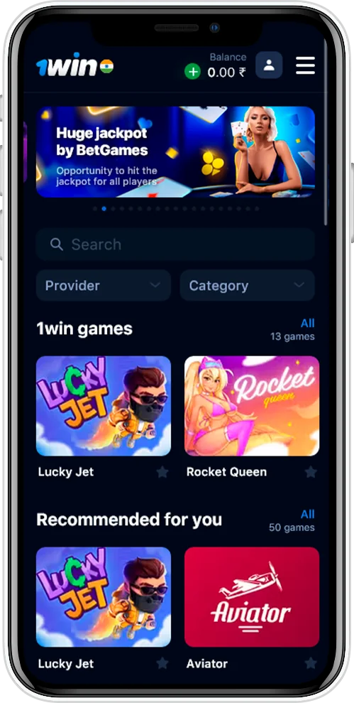 Screenshot of the 1Win app Casino section