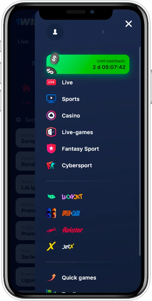 Screenshot of the 1Win app menu